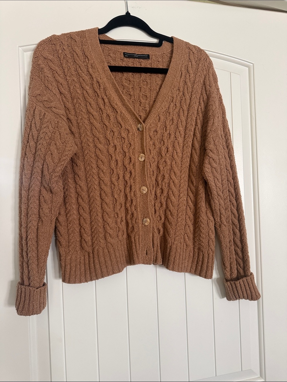 Peruvian Connection Camel Cable-Knit V-Neck Button Cardigan